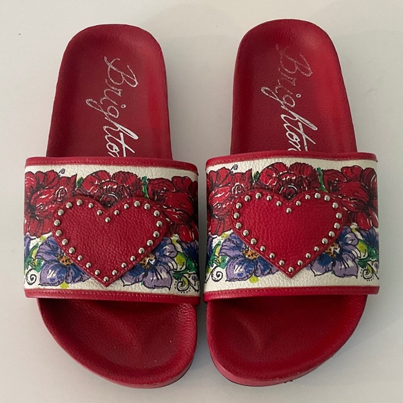 Brighton Shoes - BRIGHTON Red Heart Floral Leather Slides Size 6